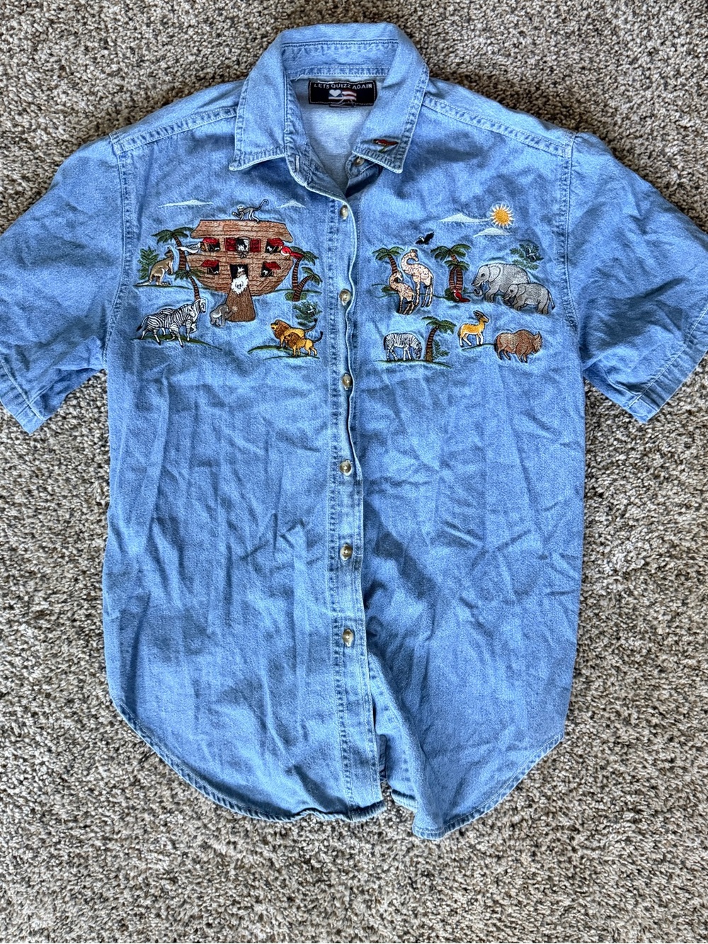 Embroidered Light Blue Denim Button-Up Blouse - Noah's Ark Motif